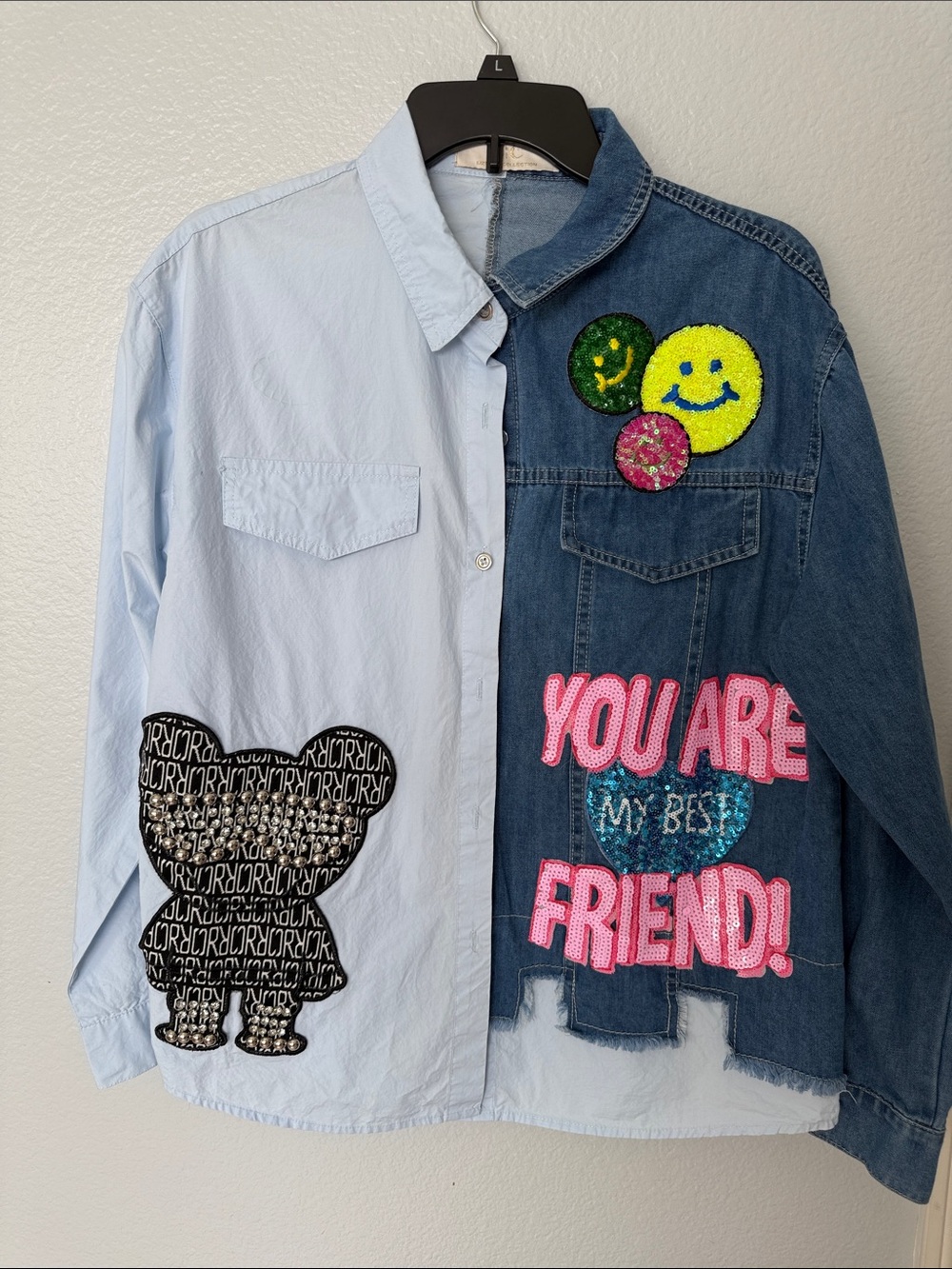 Patchwork Light Blue & Denim Jacket with Embroidered Appliqués